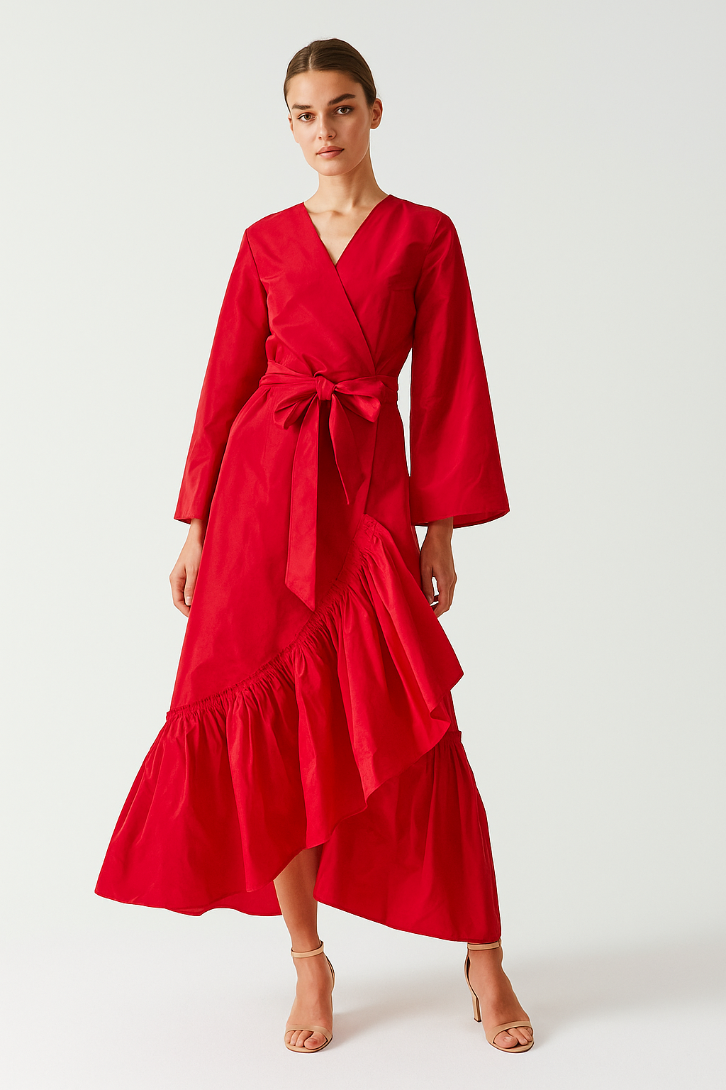 Volan Detaylı Tafta Kaftan Kırmızı