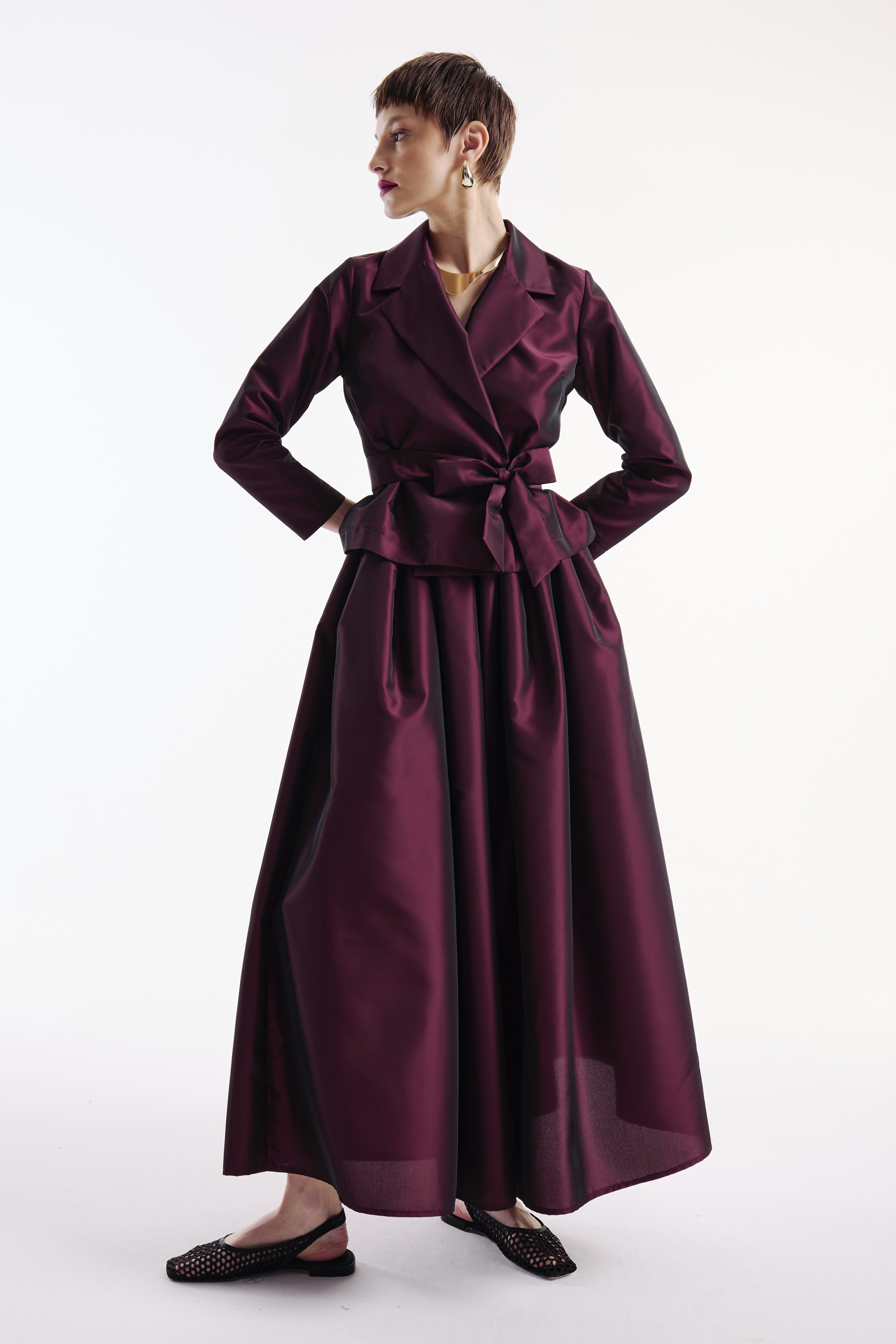 Jacket Skirt Taffeta Suit Claret Red