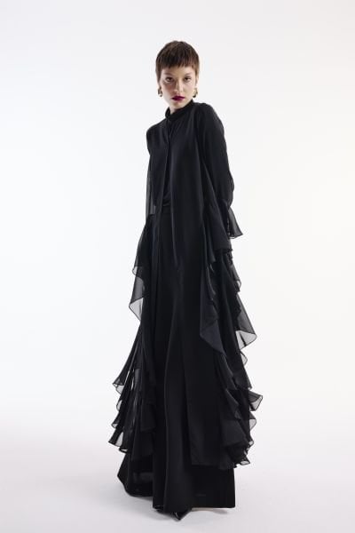 Chiffon Abaya with Flounce Detail Black + Shawl