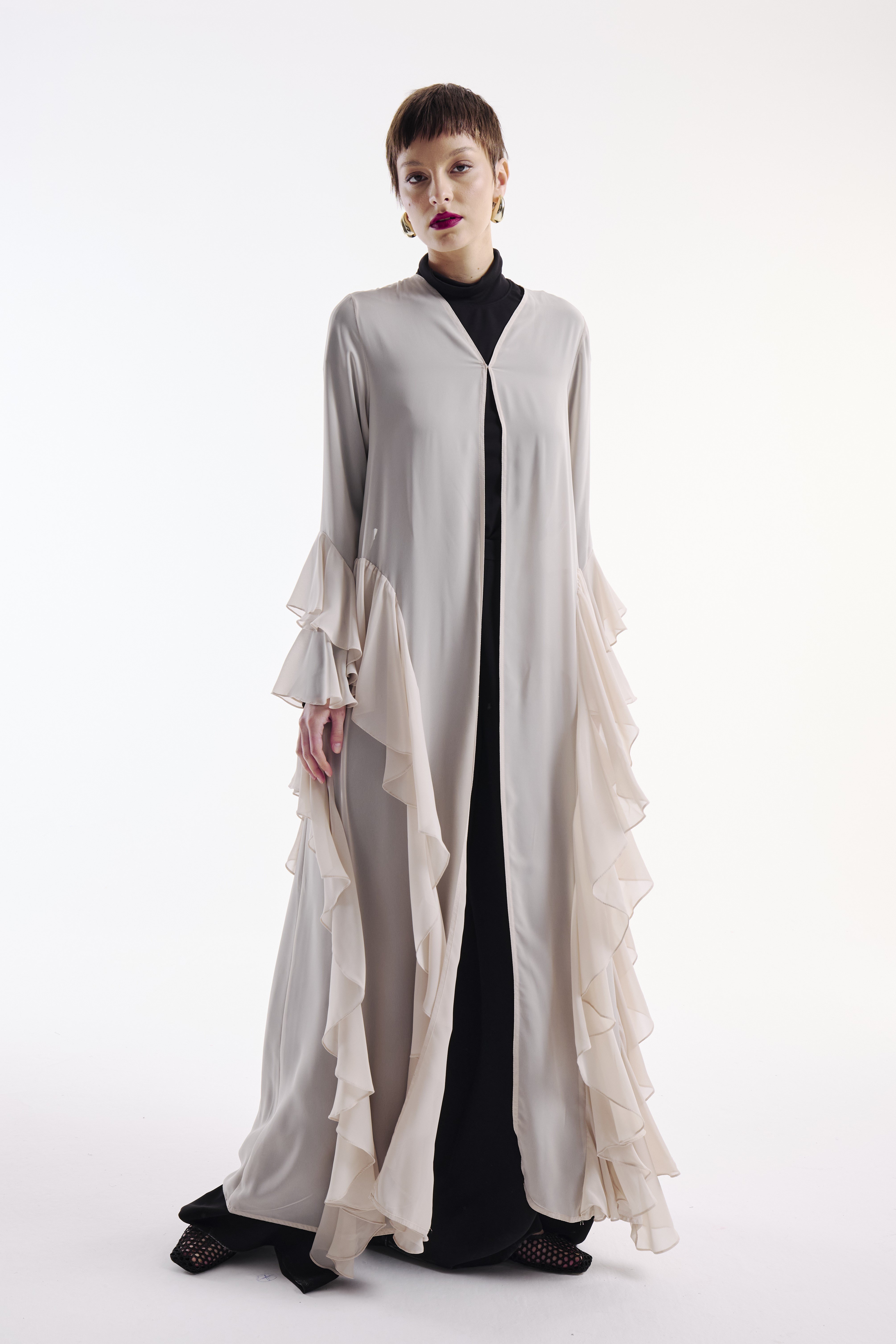 Chiffon Abaya Flounce Detailed Nude + Shawl
