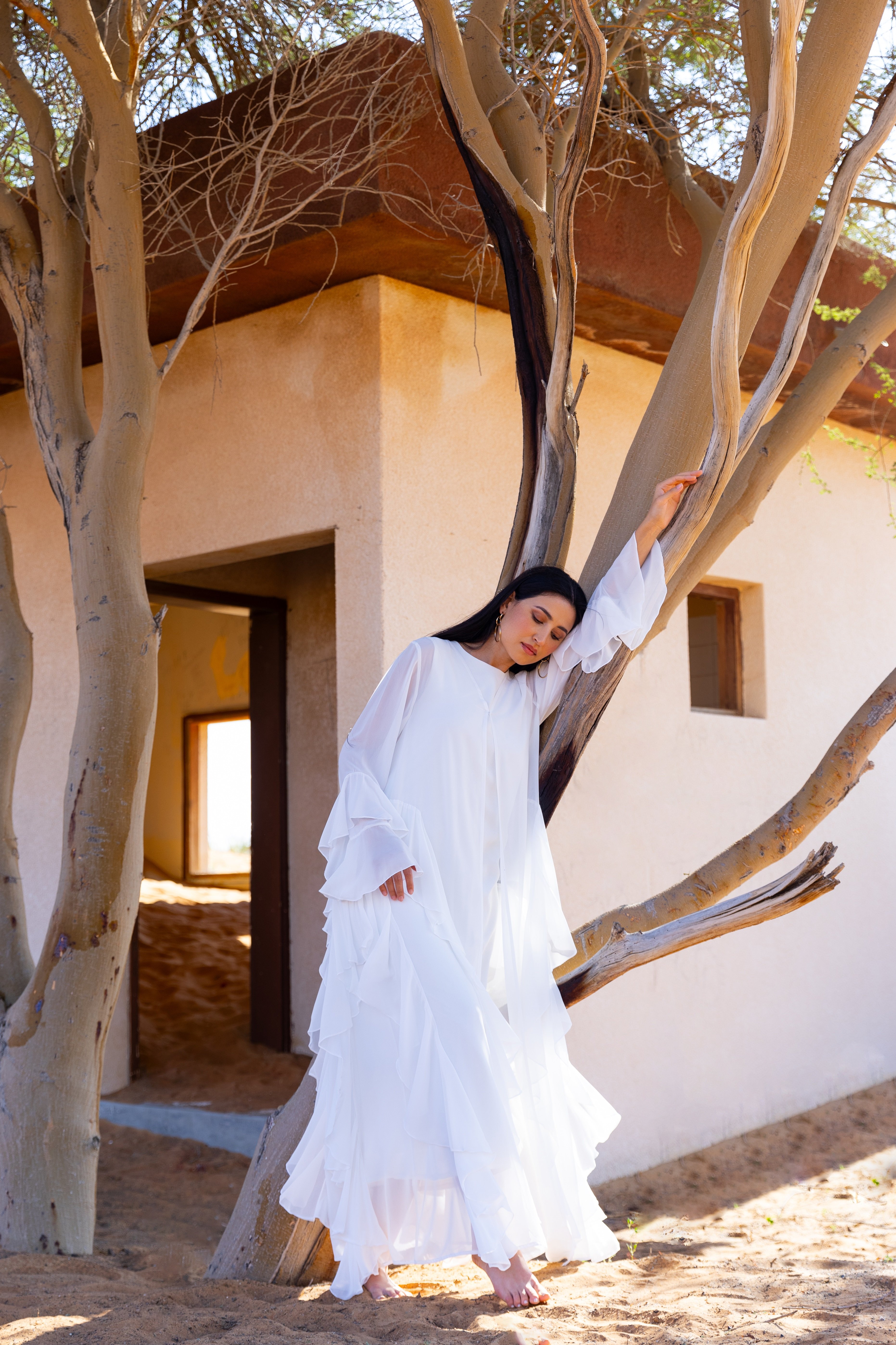 Chiffon Abaya with Flounce Detail White + Shawl