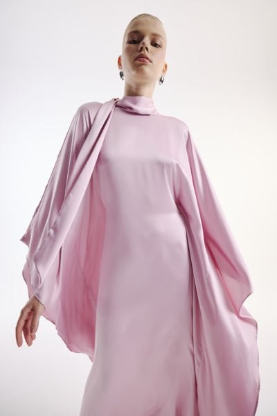 Boyun Bağlamalı Saten Elbise Pembe