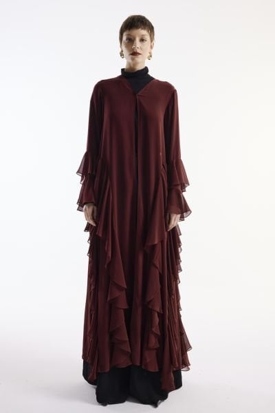 Şifon Abaya Volan Detaylı Bordo+ Şal