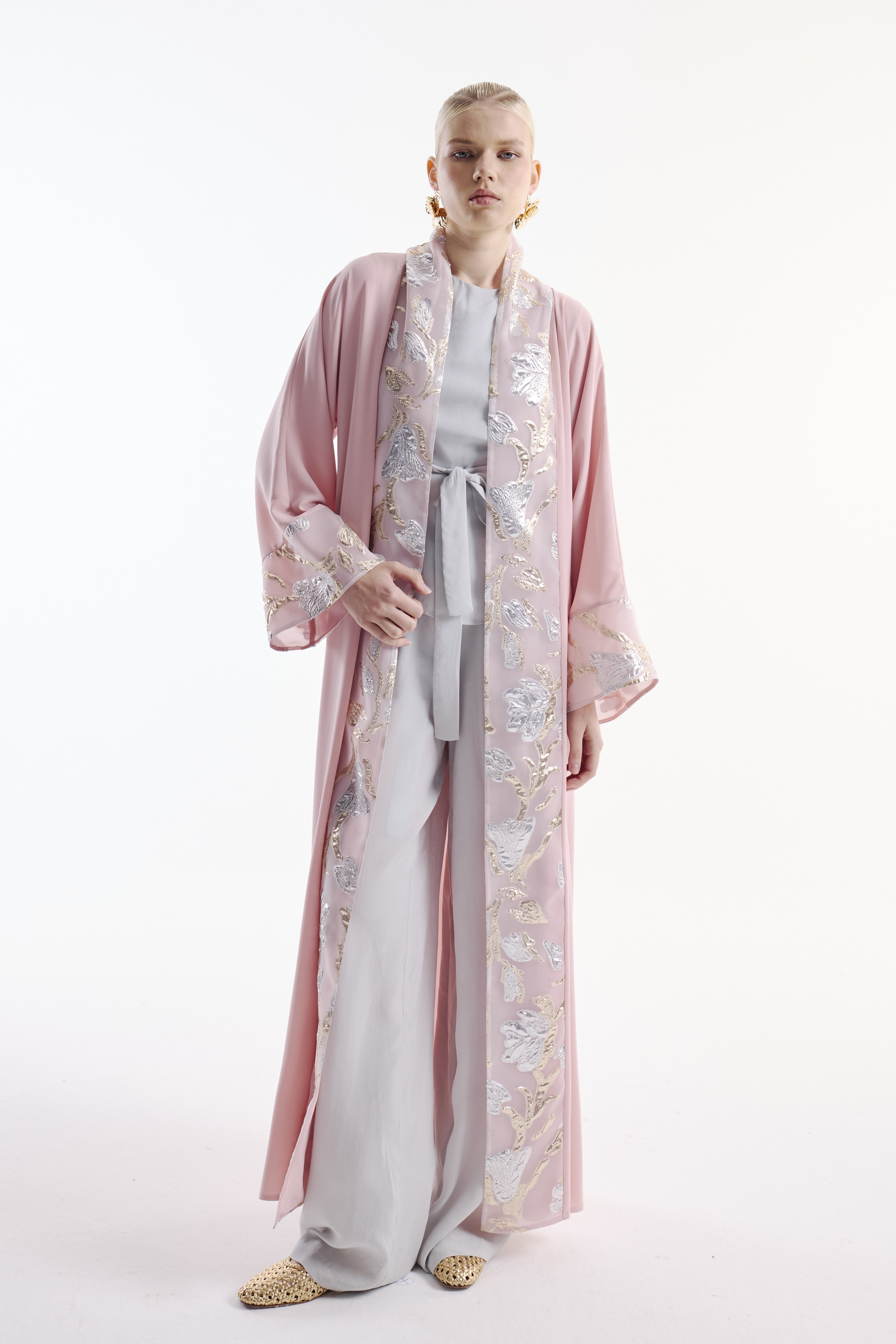 Brocade Garnish Abaya Pink + Shawl
