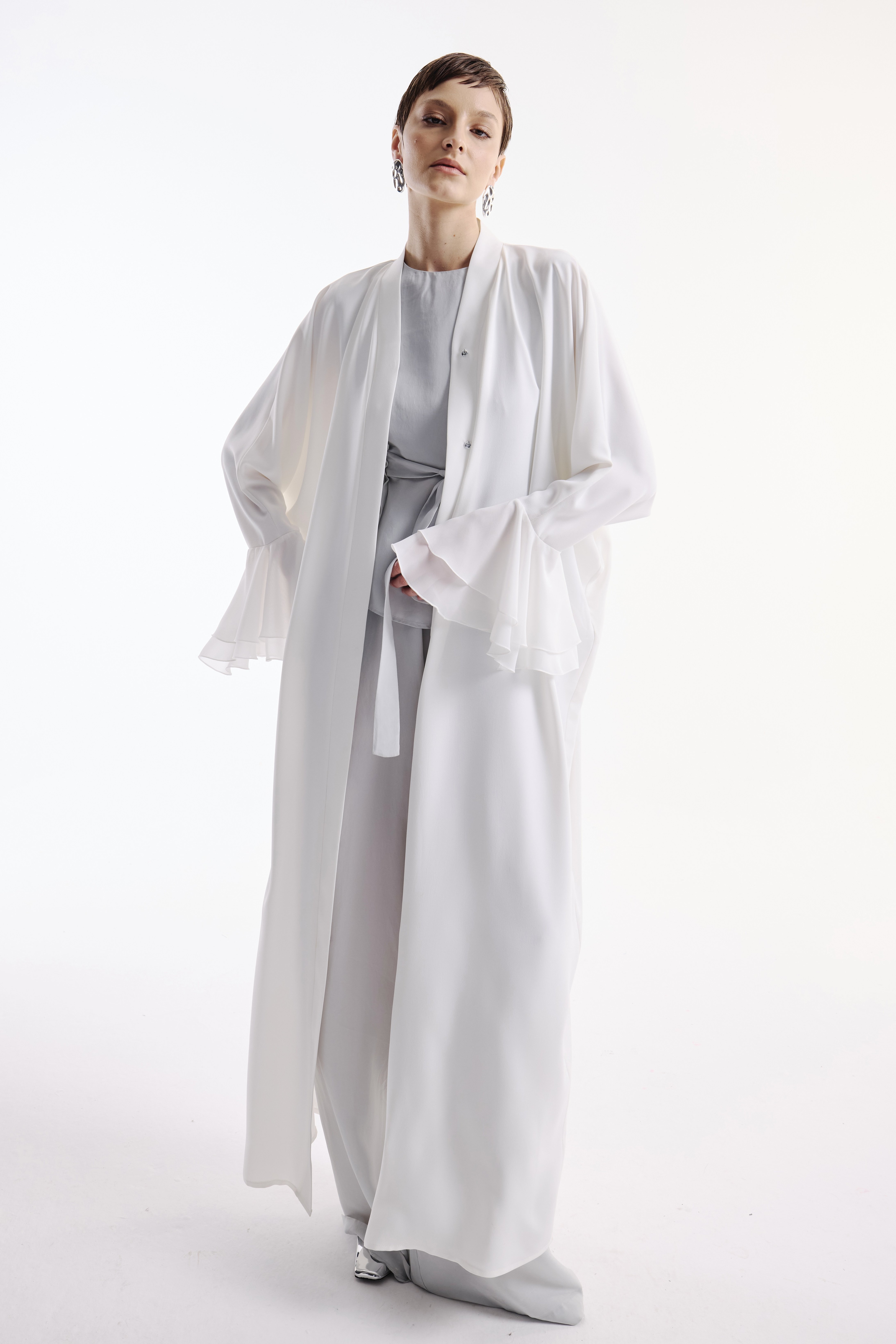 Chiffon Flounce Sleeve Detailed Abaya Ecru