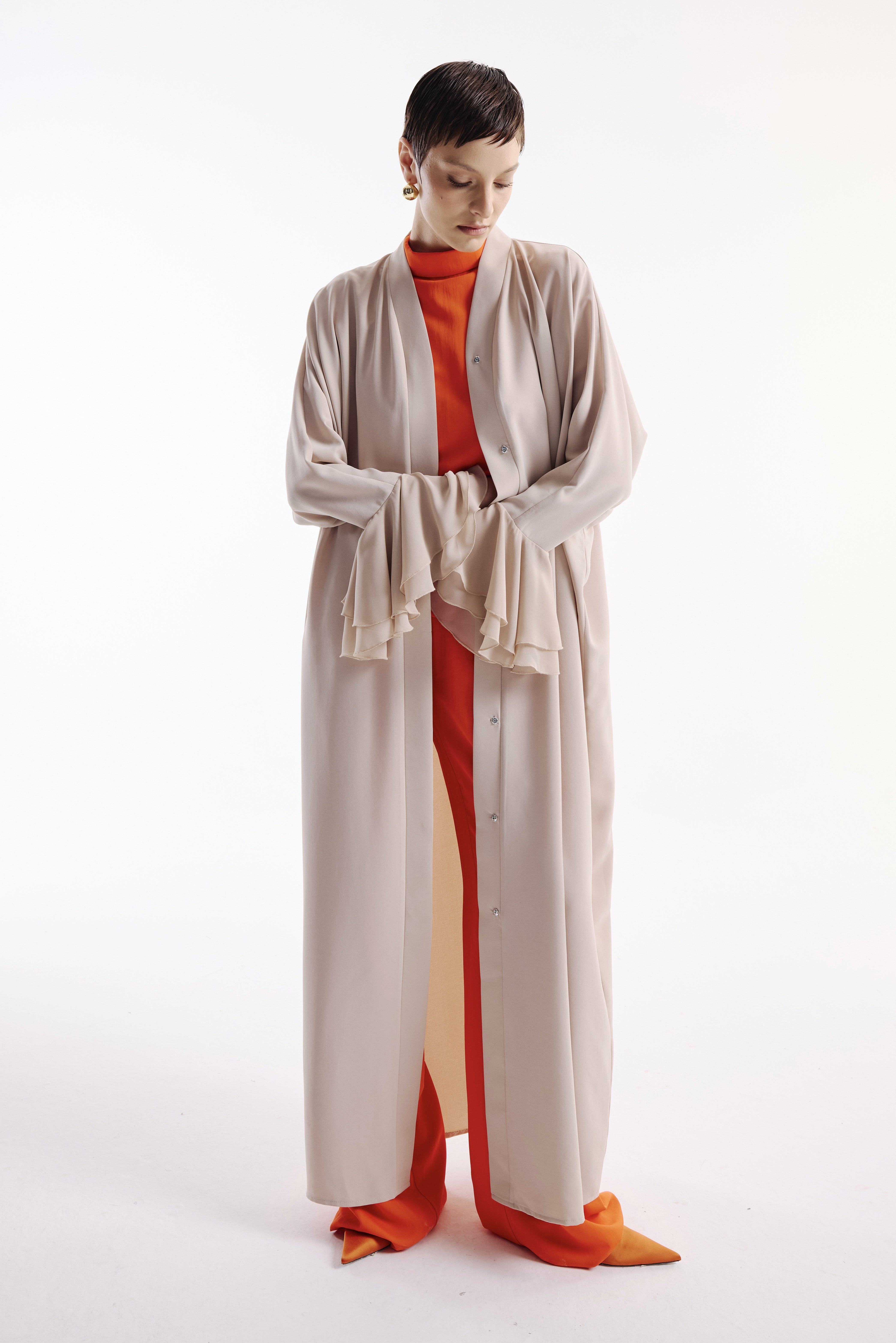 Chiffon Flounce Sleeve Detailed Abaya Nude