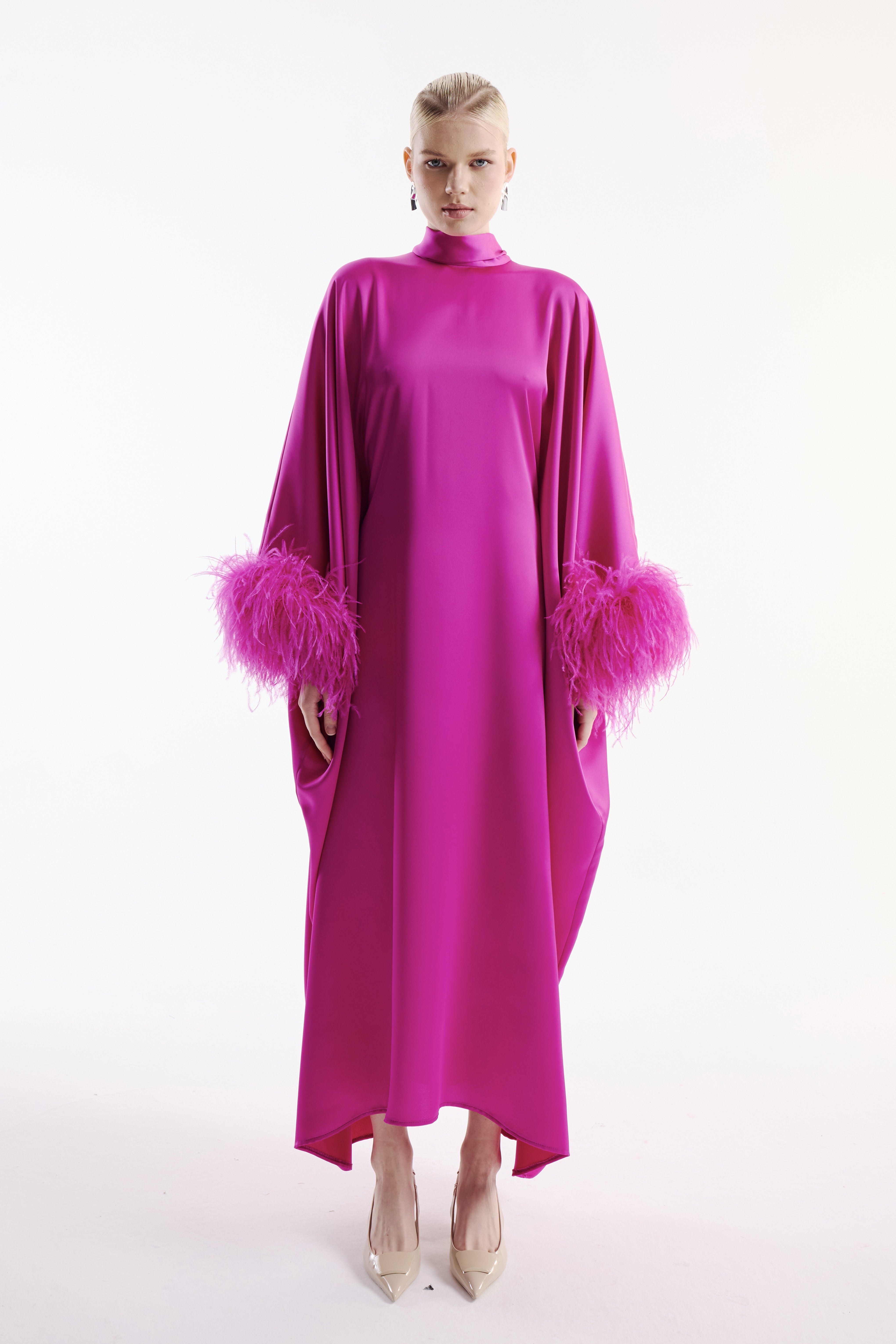Satin Dress with Bird Feather Detail Fuchsia & Shawl