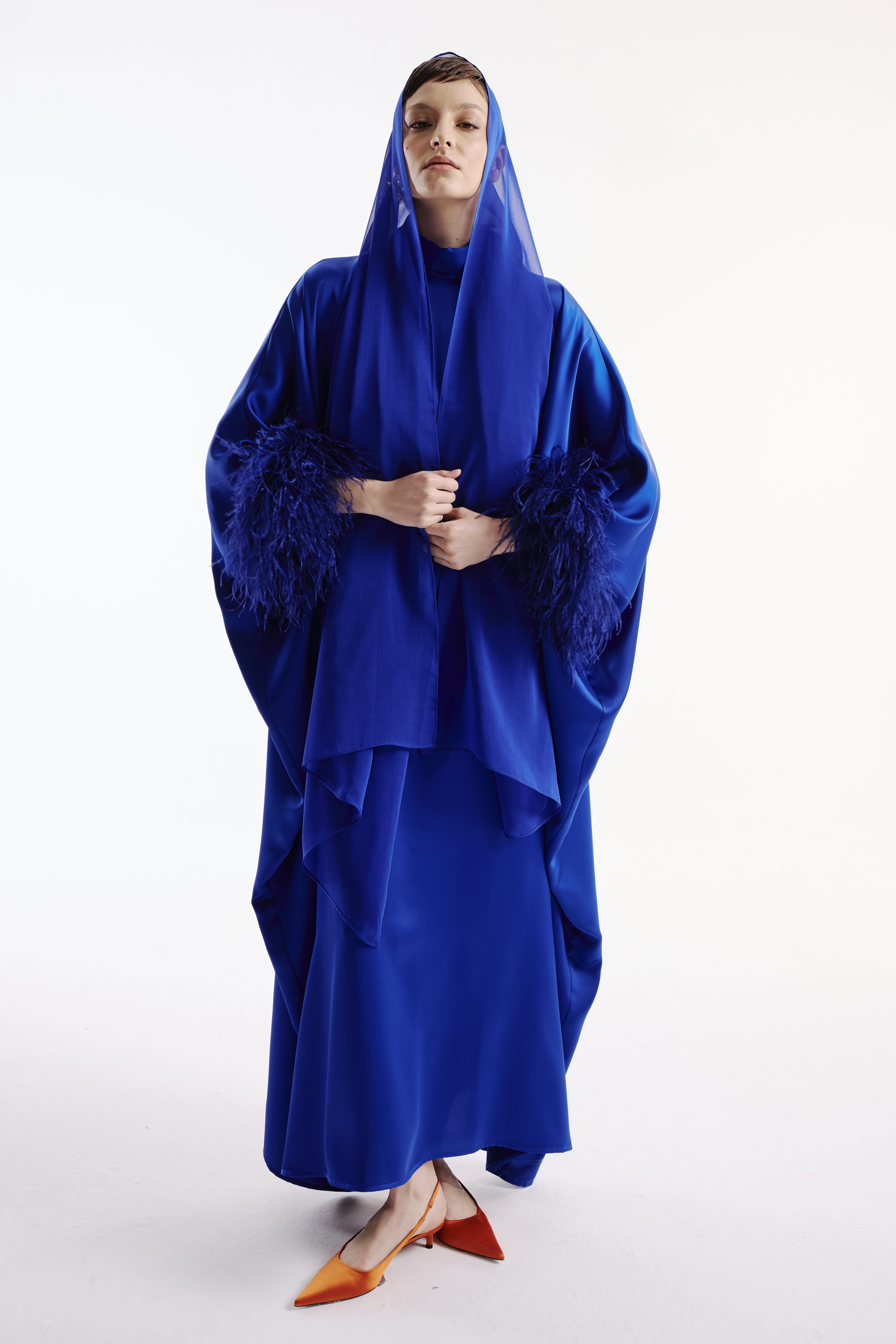 Satin Dress with Bird Feather Detail and Shawl