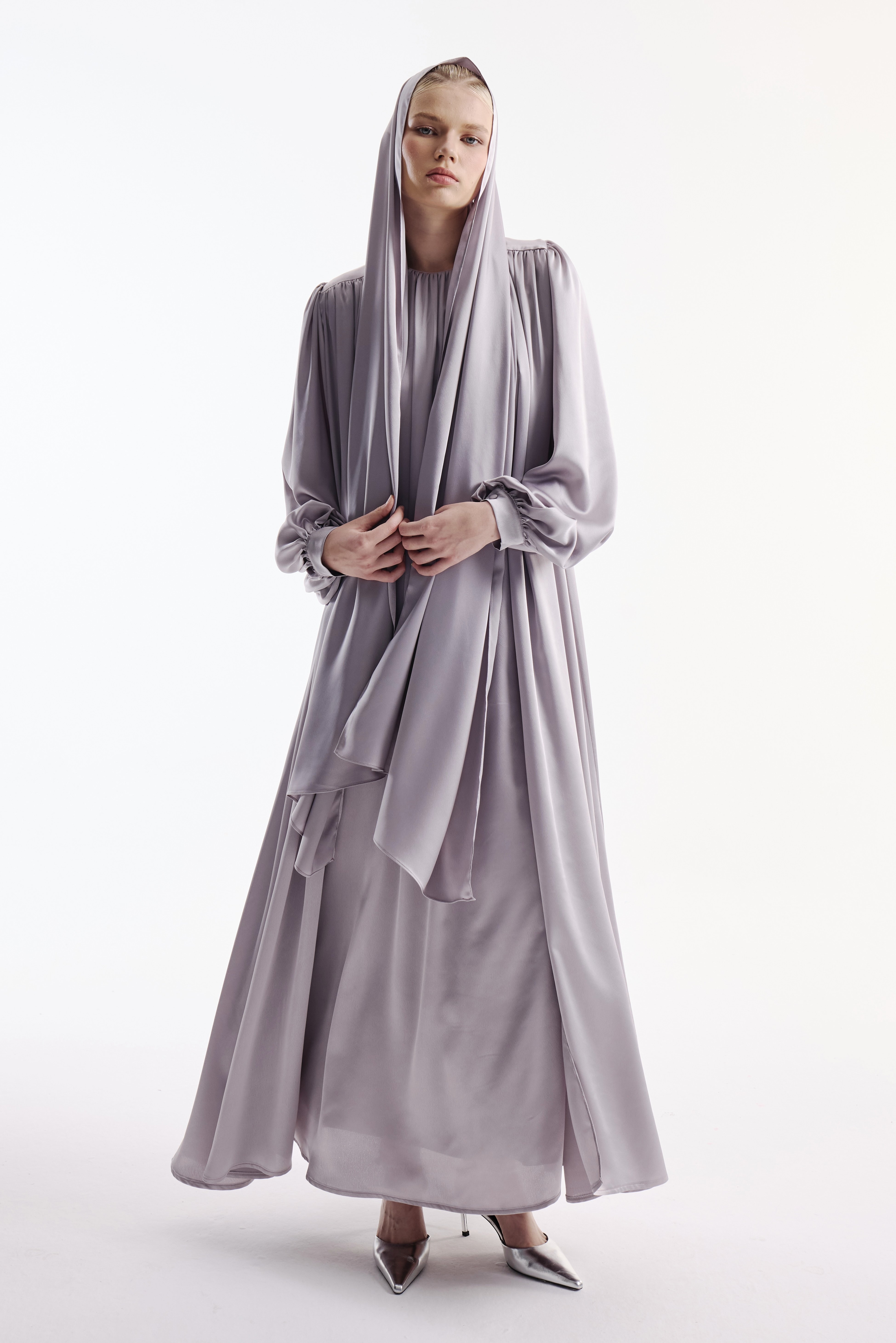Satin Abaya Dress Set Gray & Shawl
