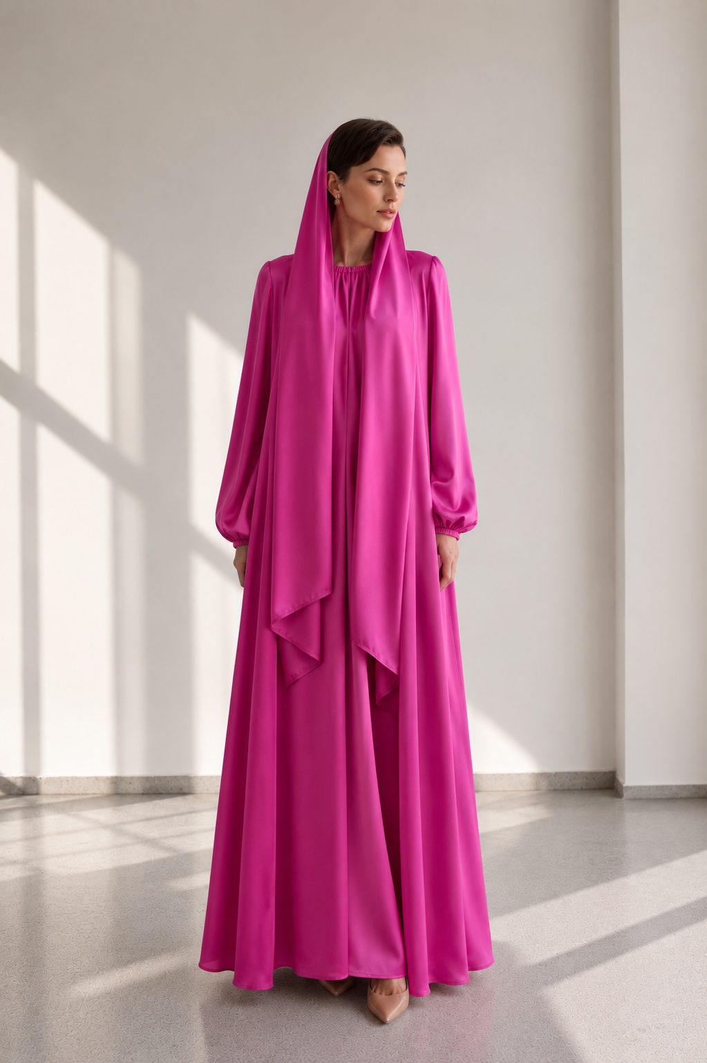 Saten Abaya Elbise Takım Fuşya & Şal
