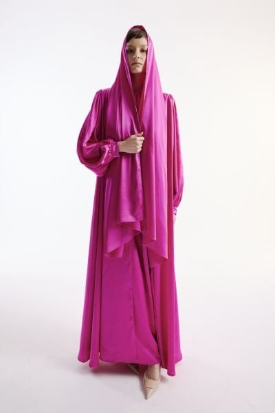Saten Abaya Elbise Takım Fuşya & Şal