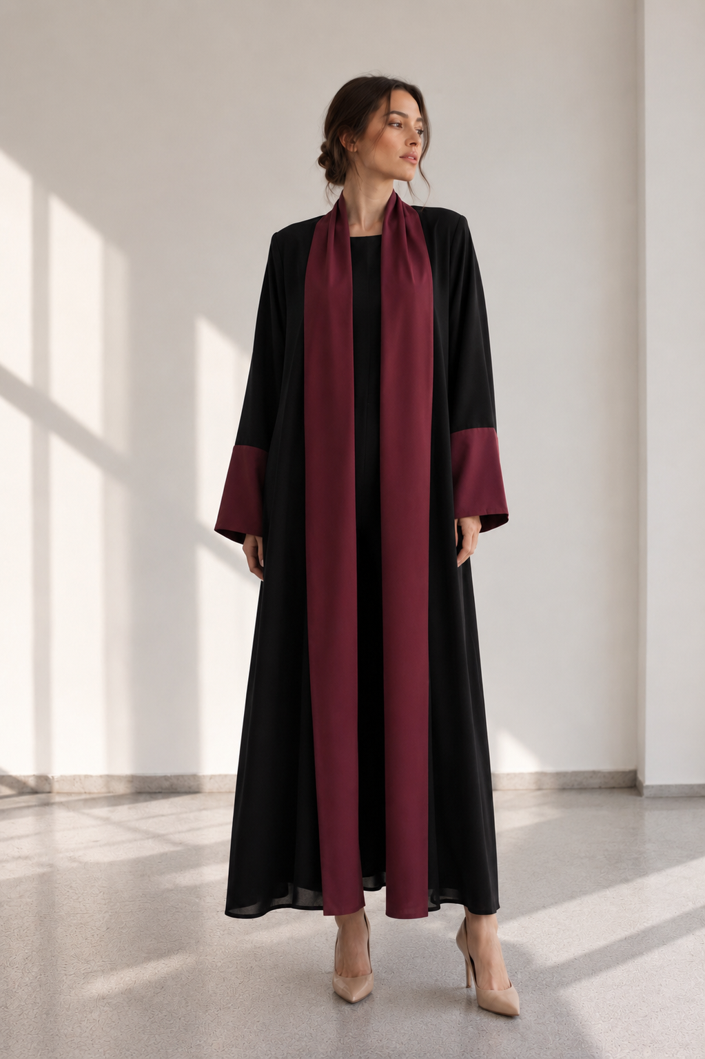 Vatka Detaylı Garnili Abaya Siyah Bordo