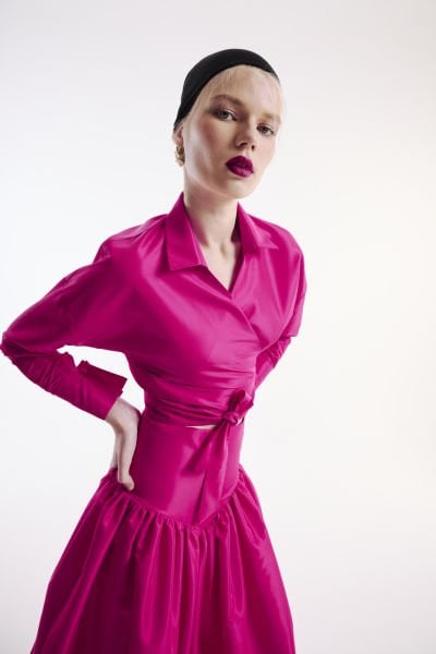 Double Breasted Shirt Skirt Taffeta Suit Fuchsia