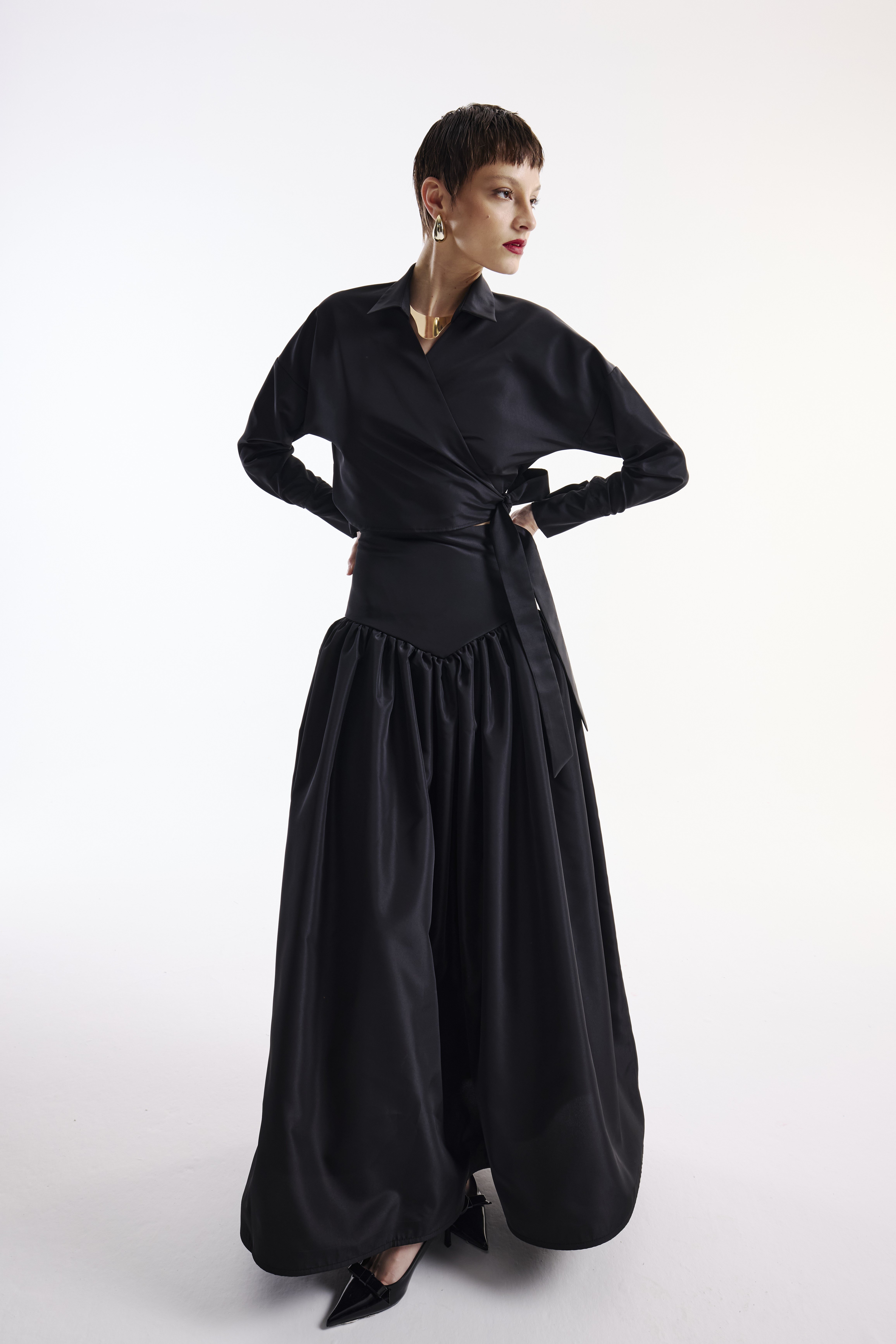 Kruvaze Gömlek Etek Tafta Takım Siyah