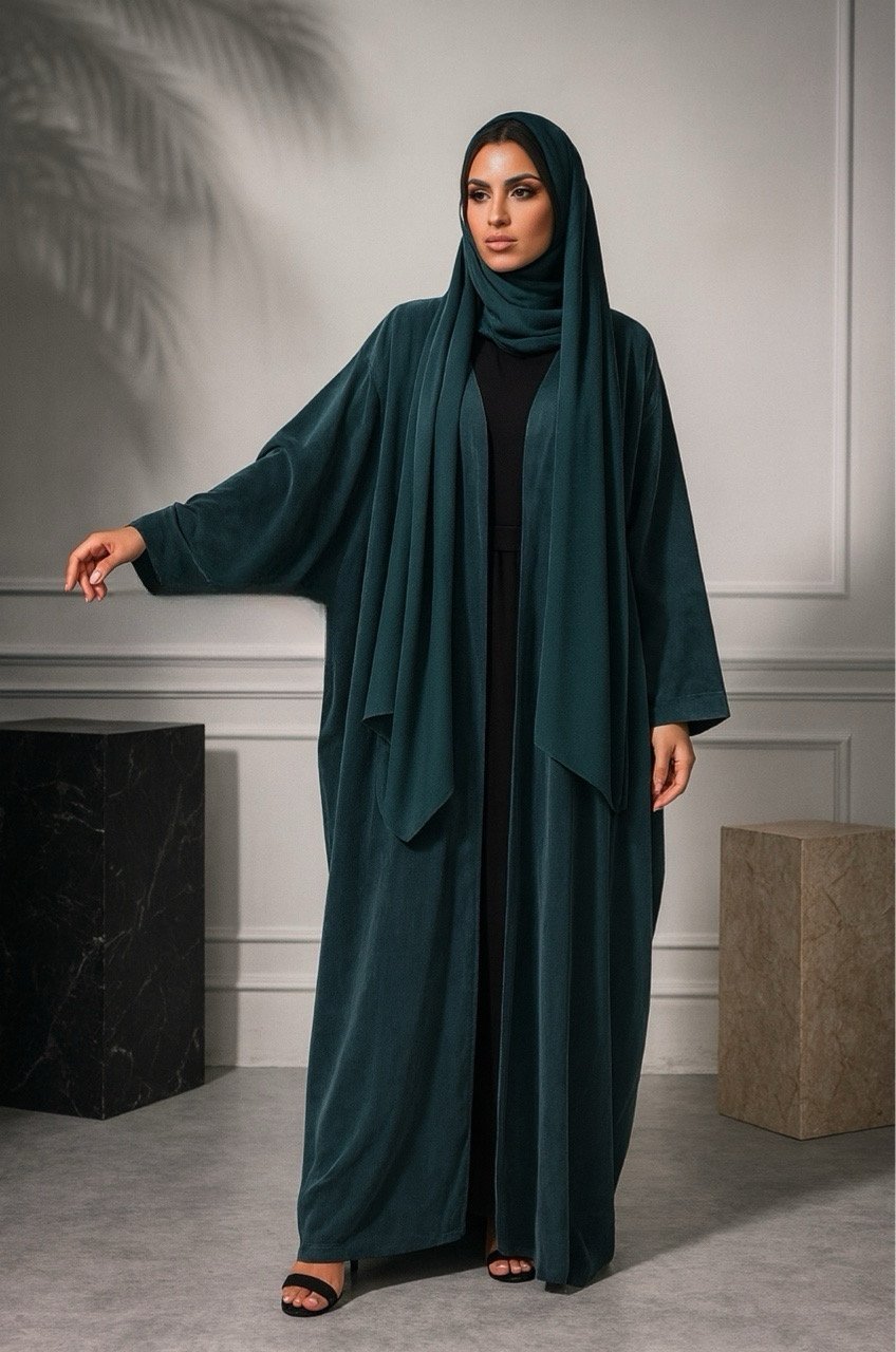 İpek Cupro Abaya Yarasa Kalıp Ördek Yeşili & Şal