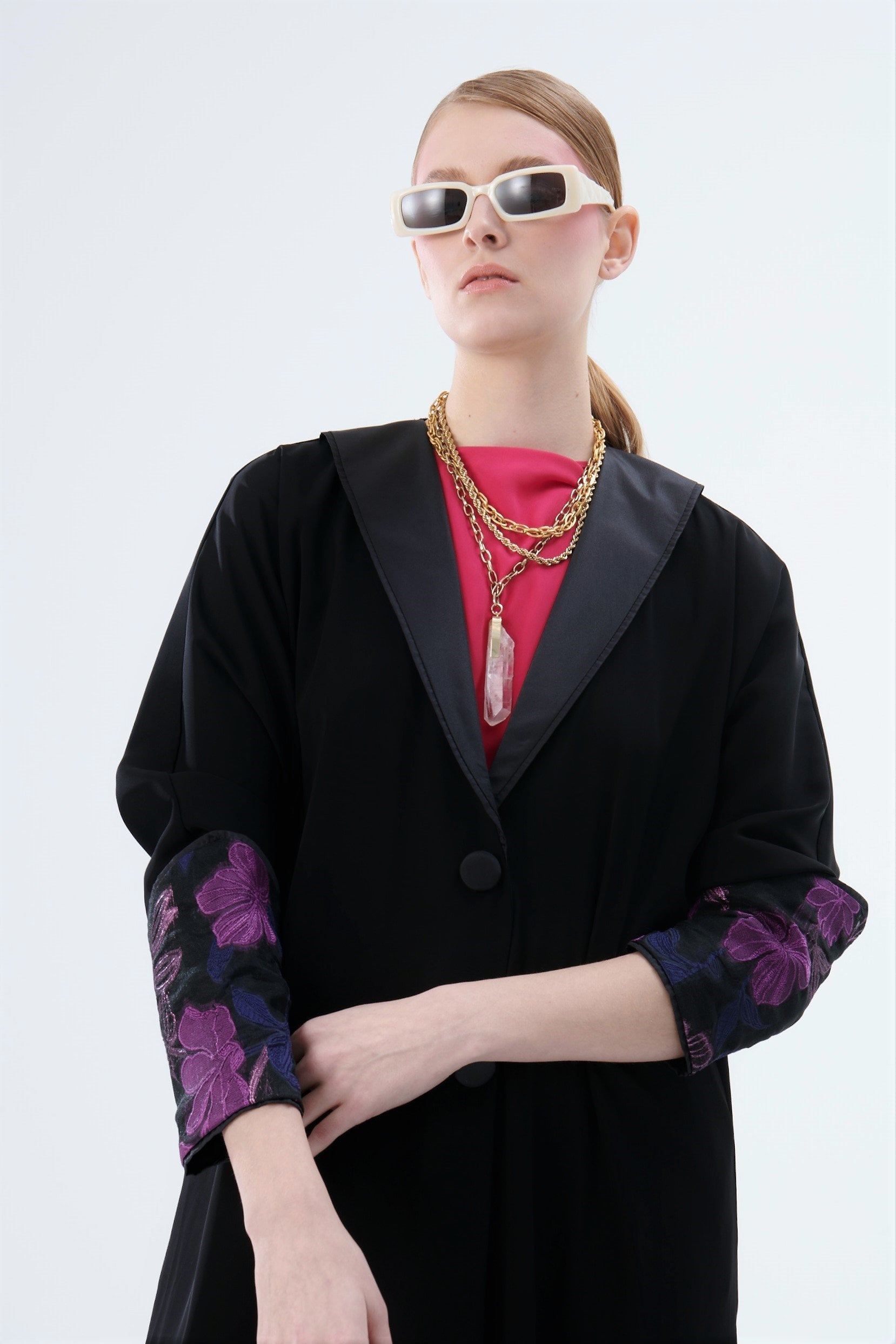 Brokar Kol Şal Yaka Detaylı Abaya  Siyah