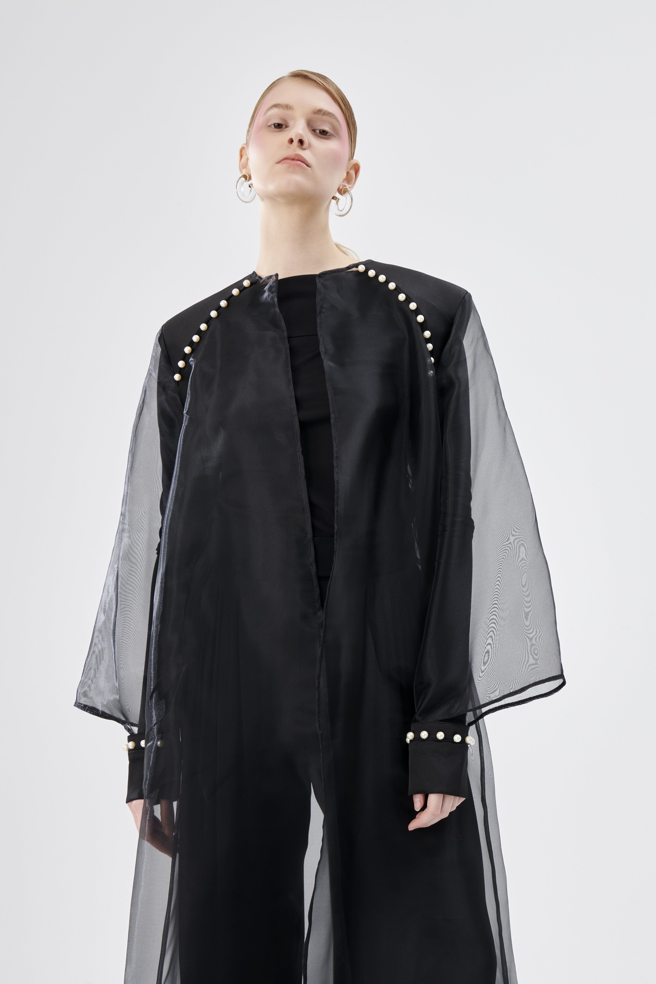 Pearl Detailed Organza Kaftan Black