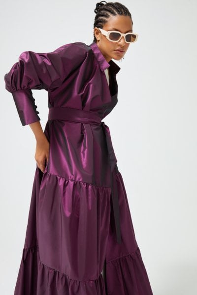 Tafta Kaftan Volan Detaylı Bordo