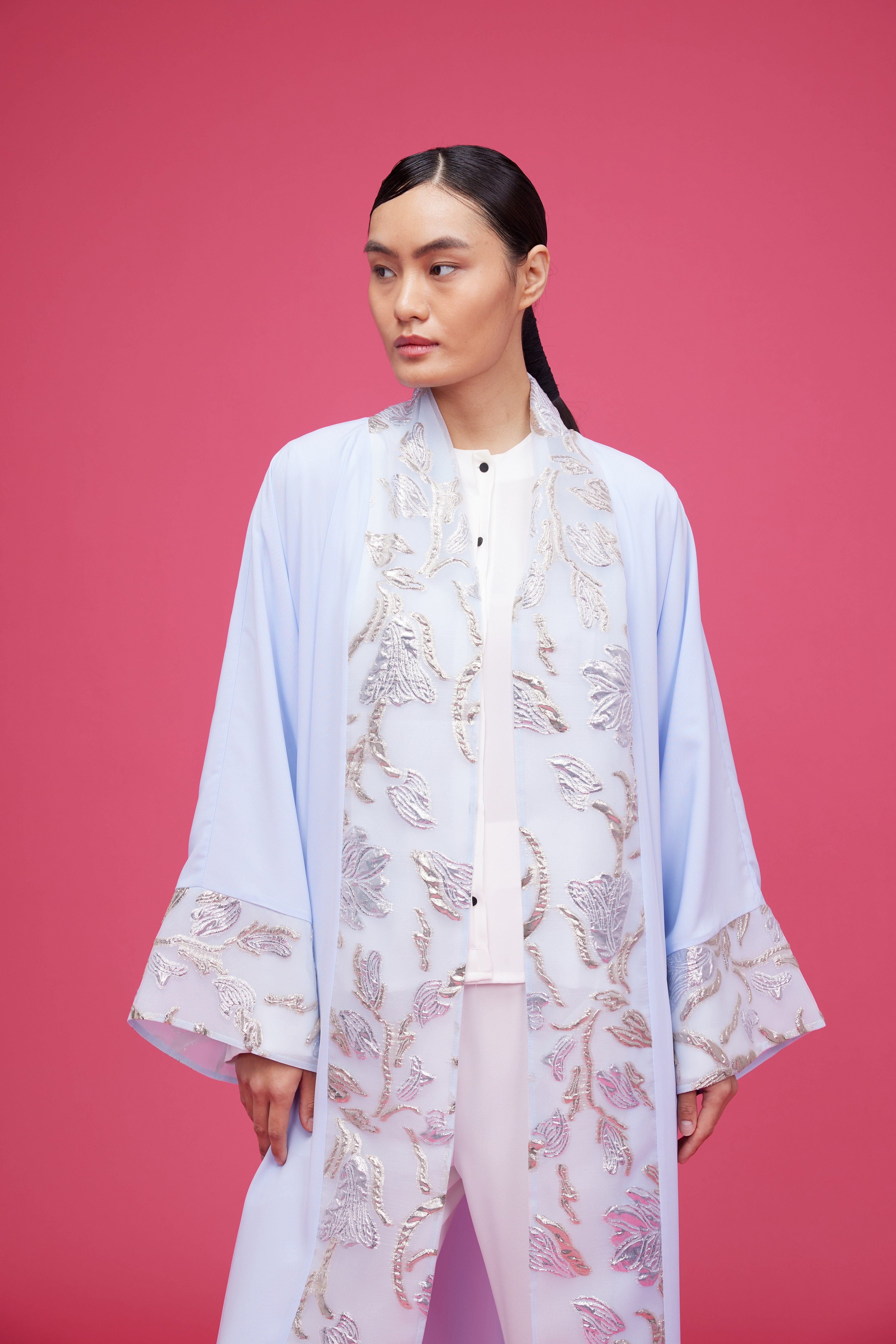 Brocade Garnish Abaya Light Blue + Shawl