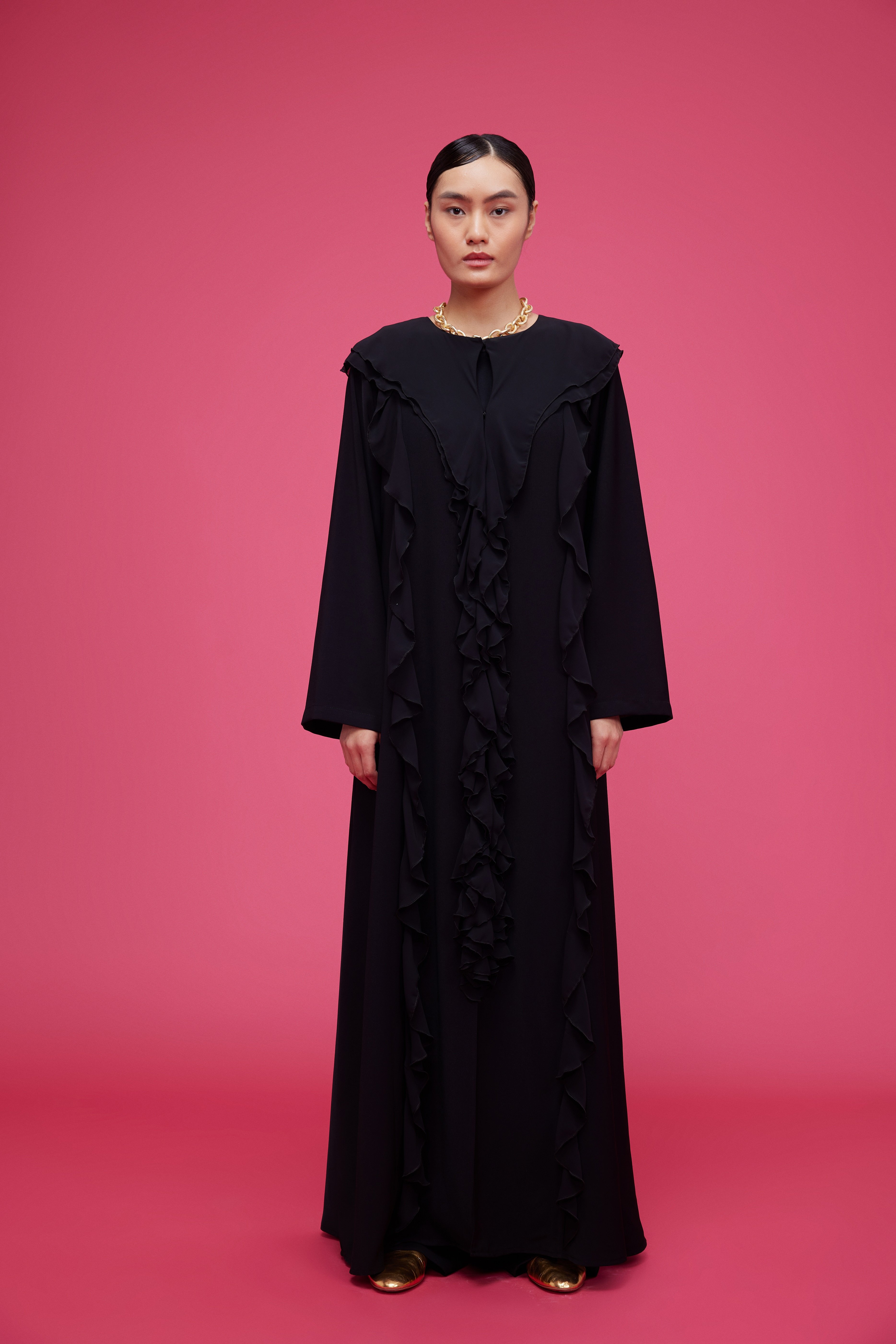 Volan Şeritli Abaya Siyah