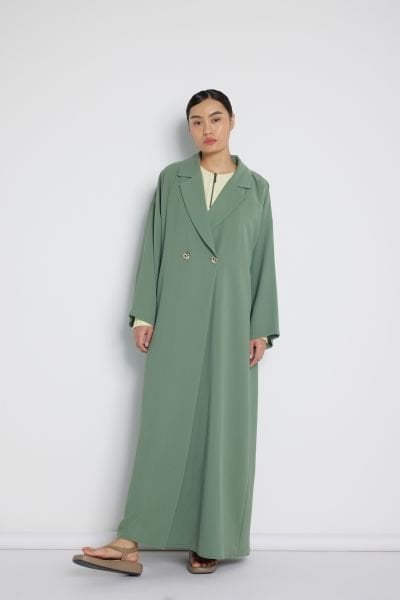 Kruvaze Metal Düğmeli Abaya Küf Yeşili