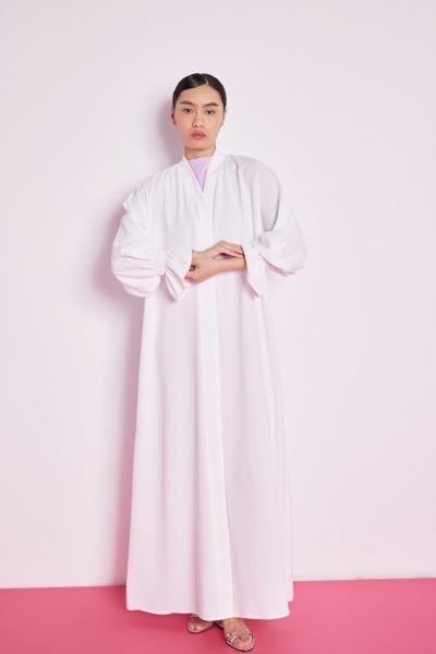 Kolu Lastik Detaylı Abaya Beyaz